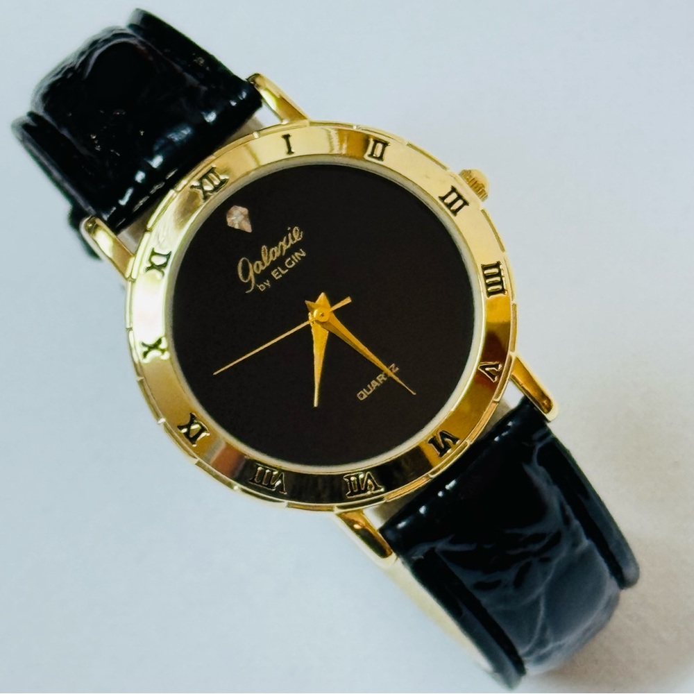 Vintage Elgin Galaxie Diamond Men's Watch Gold Black Dial Leather W213 038